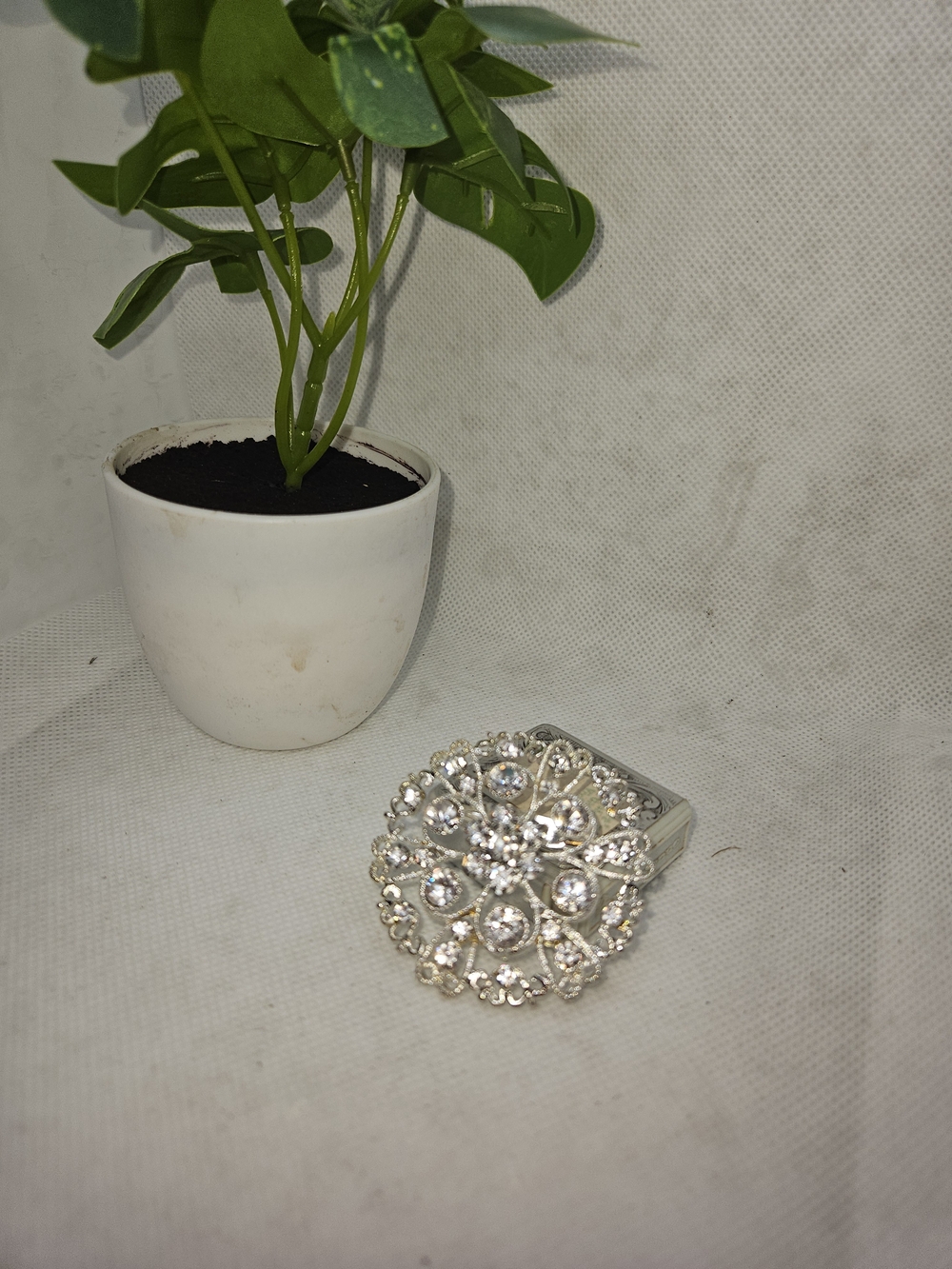 Silver Crystal Floral Brooch Pin - Clear Rhinestones